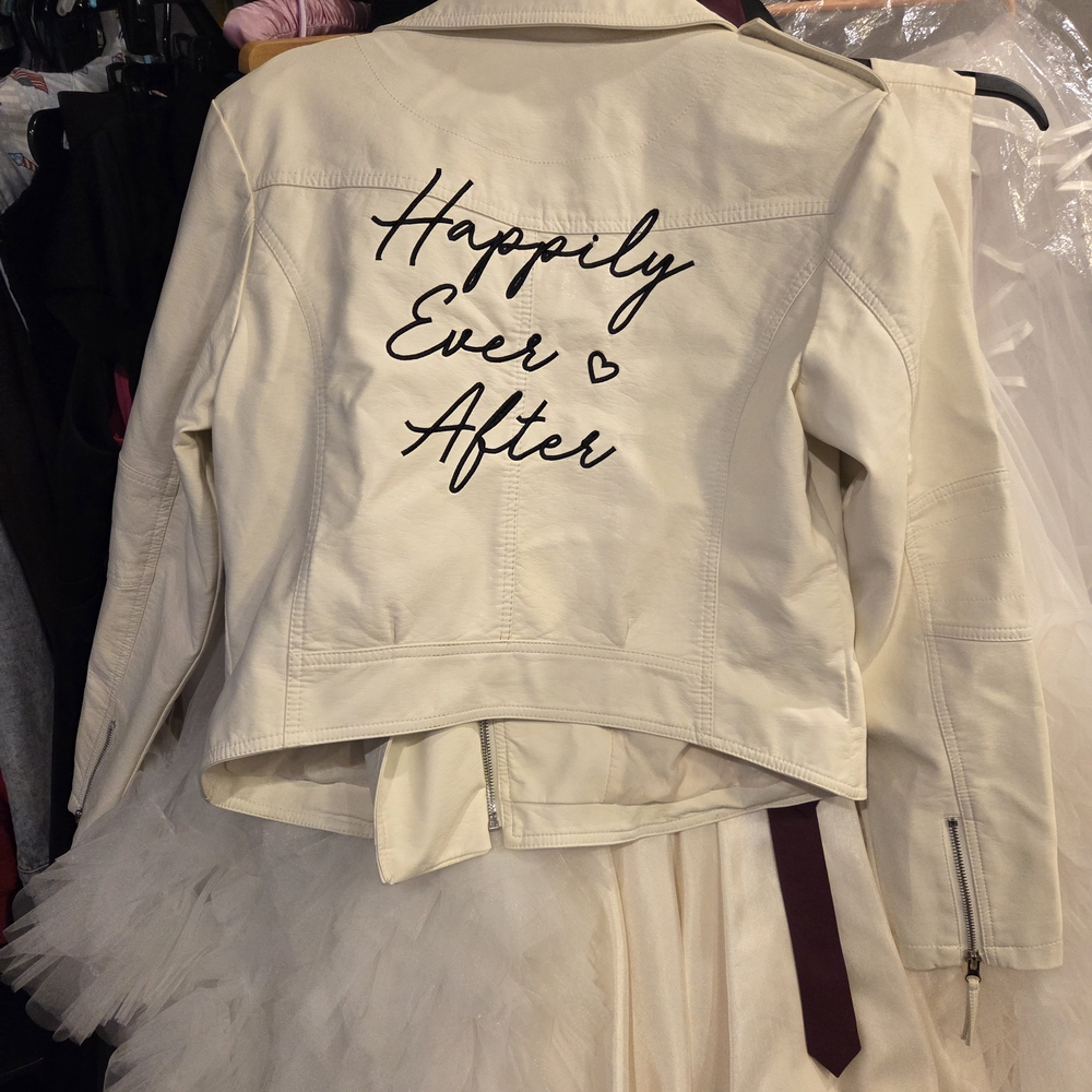 David's Bridal Ivory Leather Jacket with Script Design